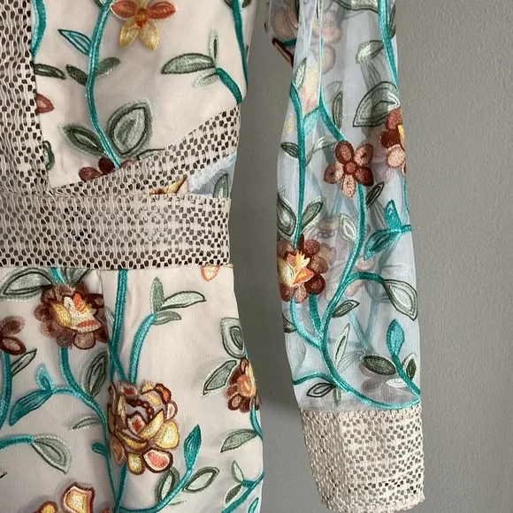 Vone Floral Embroidered Long Sleeve Mini Dress S Small Boho Black Cocktail Small - Picture 5 of 11